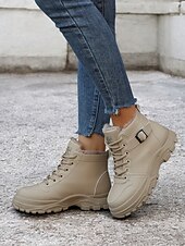 abordables Botines-Botines de mujer beige con cordones y forro de felpa cálido: calzado de invierno para exteriores con suela resistente y detalle de hebilla