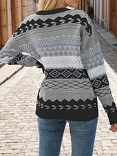 billige Grafiske mønstre og detaljer-Dame Genser Gatemote Stilfull Geometrisk Fargeblokk Crew-hals Strikket Langermet Vanlige topper Strikke utendørs Ut på byen Rosa Kakifarget Høst Vinter