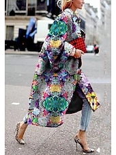 cheap Coats &amp; Trench Coats-Women&#039;s Blazer Office Work Street Fall Winter Long Coat Loose Fit Thermal Warm Comtemporary Stylish Casual Jacket Long Sleeve Print Floral Print Red Blue Green