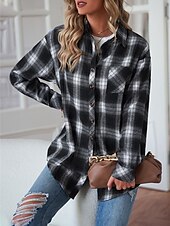 billiga Skjorta jackor-Dam Vardaglig jacka Utomhus Gata Dagliga kläder Höst Vinter Normal Täcka Normal Håller värmen Andningsfunktion Stylish Ledigt Jacka Långärmad Ränder och pläd Med fickor Mönster Svart Rubinrött Grön