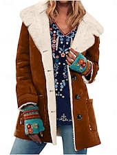 baratos Puffers &amp; Parka-Mulheres Casaco de lã Casaco de pelúcia Manter Quente Respirável Botões Bolsos Forrada com Fleece Casual Tecido Férias Rua Roupa Diária Para Noite Não Trespassado Padrão Aberto para a Lateral Normal