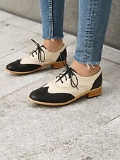 economico anni 1930-scarpe oxford bicolore da donna - brogue vintage stringate nere e bianche con tacco basso per abbigliamento casual e formale retrò