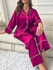billiga Sovkläder till damer-pyjamasset för kvinnor ren färg avslappnad komfort hem dagligen satin siden komfort varm lapel långärmad skjorta byxa knapp upp resår midja höst vinter hem outfits