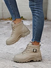 abordables Botines-Botines de mujer beige con cordones y forro de felpa cálido: calzado de invierno para exteriores con suela resistente y detalle de hebilla
