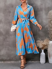preiswerte Kleider für die Arbeit-Damen Blumen V-Ausschnitt Midikleid Langarm Frühling Herbst