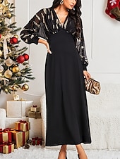 cheap Plain Dress-Women&#039;s Long Dress Sheer Feather Print Sleeves V-neck Black Festive Party Elegant Maxi Winter Fall Clothing Apparel
