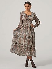 billiga Blommiga klänningar-Dam Midiklänning Vintage klänning Boho Chic klänningar Elegant bohemliv Vintage Biskop Dagligen Normal Grafisk Färgblock Långärmad V-hals Colourful Höst Vinter