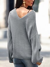 billiga Solida färger-Dam Tröja Pullover tröja Ledigt Mjukt Ren färg Ribbad V-hals Stickat Långärmad Vanliga toppar Sticka Utomhus Dagligen Helgen Rodnande Rosa Blå Höst Vinter