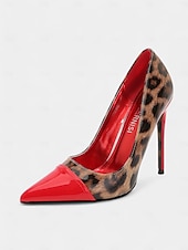 abordables Talons Aiguilles-talons aiguilles imprimé léopard pour femmes – escarpins à bout pointu en cuir verni rouge pour fêtes et événements nocturnes