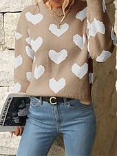 abordables Motifs graphiques et détails-Femme Pull Chandail Pull Décontractées Flexible Cœur A côtes Col Ras du Cou Tricoté manche longue Hauts réguliers Tricoter Extérieur du quotidien Fin de semaine Rose Claire Fuchsia Automne Hiver
