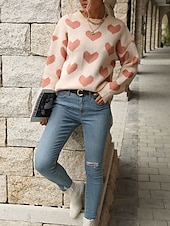 abordables Motifs graphiques et détails-Femme Pull Chandail Pull Décontractées Flexible Cœur A côtes Col Ras du Cou Tricoté manche longue Hauts réguliers Tricoter Extérieur du quotidien Fin de semaine Rose Claire Fuchsia Automne Hiver
