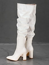 baratos Botas Slouch-botas femininas pretas largas acima do joelho – bico fino estiloso com salto bloco para moda de inverno e roupas de noite