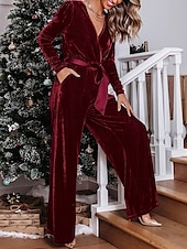 cheap Jumpsuits-Women&#039;s Normal Jumpsuit Stylish Solid Color Long Sleeve Deep V Belted Vacation Party Regular Fit Black Red Blue Spring