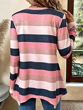 economico Maglie lunghe-Maglietta tunica da donna a righe casual maniche lunghe girocollo top regolari stampa quotidiana asimmetrica rosa primavera e autunno