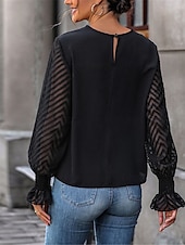 cheap Lace Tops-Women&#039;s Elegant Lace Tops Eyelet Blouse Casual Solid Color Regular Tops Long Sleeve Crew Neck Lace Patchwork Regular Fit Daily Black Romantic Petite Tops Summer Holiday Wear