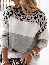 billige Grafiske mønstre og detaljer-Dame Genser Pullover genser Fritid Myk Leopard Riflet Crew-hals Strikket Trykt mønster Langermet Vanlige topper Strikke utendørs Daglig Helg Gul Rosa Høst Vinter