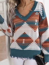 billige Grafiske mønstre og detaljer-Dame Genser Pullover genser Årgang Etnisk stil Fritid Geometrisk Riflet V-hals Strikket Langermet Vanlige topper Strikke utendørs Daglig Helg Marineblå Lilla Høst Vinter