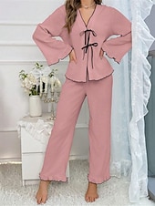 abordables Pijamas para mujeres-Conjunto de pijama para mujer, color puro, informal, cómodo, para el hogar, uso diario, cálido, cuello en V, camisa de manga larga, pantalón, cintura elástica, conjuntos para el hogar para otoño e
