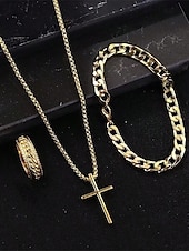 cheap Accessories For Men-Men&#039;s Alloy Cross Necklace, Chain Bracelet, and Engraved Ring Set – Durable and Stylish Christian Jewelry
