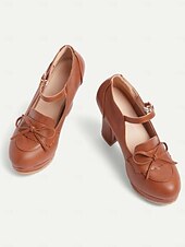ieftine anii 1950-pantofi vintage maro mary jane de dama - pantofi cu platforma cu toc gros cu detaliu fundita, ideali pentru tinute retro si clasice, perfecti pentru birou, petreceri si ocazii speciale