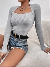 billiga Kvinnors Enfärgade Toppar-Dam T-shirt Slät Mode Modern Ledigt Långärmad Fyrkantig hals Vanliga toppar Dagligen Helgen Svart Vit Rubinrött Grå Höst Vinter