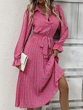 abordables Robes fleuries décontractées-robe midi à fleurs à col en V et manches longues pour femme printemps automne