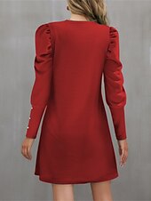 cheap Jumper Dresses-Women&#039;s Casual Dress Mini Dress Ruched Button Casual Crew Neck Long Sleeve Black Red Green Color