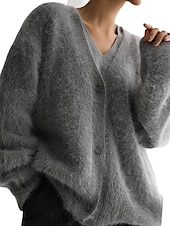 billiga Koftor &amp; Ytterkläder-dam oversize cardigan fuzzy v-ringad stickad höst vinter arbete helg elegant mode streetwear långärmad enfärgad rosa ljusgrå
