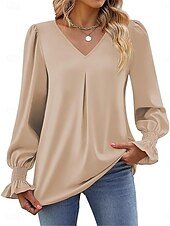 preiswerte Damen Arbeitsoberteile-Damen Hemd Glatt Modisch Modern Brautkleider schlicht Langarm V Ausschnitt Normale Oberteile Täglich Wochenende Rüsche Rote Grün Khaki Herbst Winter