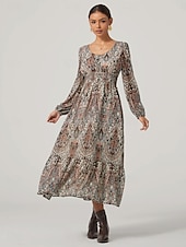 billiga Blommiga klänningar-Dam Midiklänning Vintage klänning Boho Chic klänningar Elegant bohemliv Vintage Biskop Dagligen Normal Grafisk Färgblock Långärmad V-hals Colourful Höst Vinter