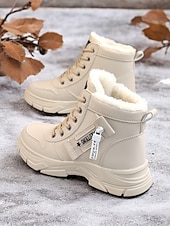 baratos Botas de neve e inverno-botas femininas de amarrar no tornozelo com forro de pele quente – botas de inverno bege elegantes para conforto ao ar livre em clima frio