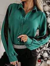 preiswerte Elegante Oberteile-Damen Hemd Bluse Feste Farbe Basic Brautkleider schlicht Langarm Hemdkragen Normale Oberteile Täglich Spitze Gitter Patchwork Schwarz Weiß Grün Herbst Winter