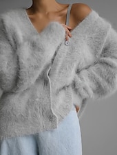 billiga Koftor &amp; Ytterkläder-dam oversize cardigan fuzzy v-ringad stickad höst vinter arbete helg elegant mode streetwear långärmad enfärgad rosa ljusgrå