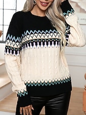 Women's Sweater Pullover Sweater Jumper Fair Isle Sweater Casual Soft Geometric Ribbed Crew Neck Knitted Long Sleeve Regular Tops Knit Outdoor Daily Weekend Black Fall Winter 10