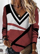 billige Stripe og geometrisk t-skjorte-Dame T skjorte Stripet Mote Moderne Fritid Langermet V-hals Vanlige topper Daglig Helg Trykt mønster Svart Hvit Rød Blå Høst Vinter
