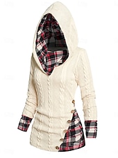 economico Motivi grafici e dettagli-Per donna Felpa Pullover Maglione Informale Morbido A quadri A coste Con cappuccio Collage Lavorato a maglia Manica lunga Top regolari Maglia Esterno Giornaliero Fine settimana Vino Beige Autunno