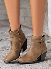 abordables Cowboy y botas occidentales-Botines estilo western vintage para mujer con tacones gruesos en bloque: botines de piel sintética con cremallera lateral para uso informal y al aire libre