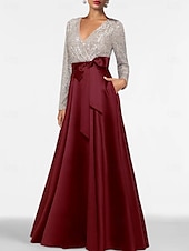 abordables NOIR-Robe de soirée A-Line élégante robe formelle longueur de sol manches longues décolleté en V invité de mariage d&#039;automne satin avec poche en sequins 2025