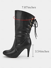 economico Stivali alla moda-stivali neri con lacci da donna con tacco a metà polpaccio - eleganti stivali a stiletto con punta affilata e dettaglio in pizzo laterale per outfit autunnali e invernali