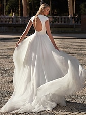cheap Formal Wedding Dresses-Wedding Dresses Beach Wedding A-Line V Neck Short Sleeve Sweep / Brush Train Tulle Bridal Gowns With Solid Color