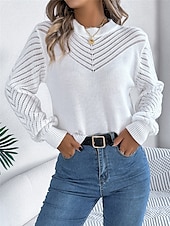 economico Colori solidi-Per donna Felpa Pullover Maglione Informale Morbido Colore puro A coste Girocollo Traforato Lavorato a maglia Manica lunga Top regolari Maglia Esterno Giornaliero Fine settimana Bianco Arancione