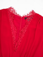 economico Abiti per le feste-abito lungo da festa in chiffon rosso e pizzo con scollo a V
