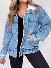 tanie Kurtki-Damskie Jeansowa kurtka Na zewnątrz Ulica Dzienne zużycie Jesień Zima Regularny Płaszcz Regularny Keep Warm Oddychający Elegancki Codzienny Kurtki Długi rękaw Jednokolorowe Z kieszeniami Futrzany