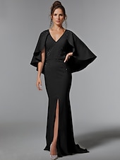cheap CHAMPAGNE-Black Champagne Mermaid Evening Gown Stretch Crepe Glittering Dress Formal Floor Length Sleeveless V Neck Stretch Crepe with Rhinestone Shawl 2025