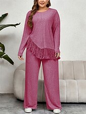 abordables grande taille deux pièces-Femme Grande taille Hauts T shirt Tee Ensemble Couleur unie Franges manche longue Col Ras du Cou Décontractées du quotidien Polyester Automne Hiver Fuchsia Vert