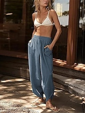 baratos Calça-Mulheres chinês Calças Harem Moda Clássico Comprimento total Cintura Alta Tecido Bolsos Cintura elástica Confortável Macio Micro-Elástica Ao ar livre Rua Branco Azul Cáqui Primavera &amp; Outono Normal