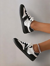 billiga Damsneakers-kvinnors retro svarta och vita sneakers med snörning - avslappnad lågtoppsdesign med mocka och tygdetaljer, bekväm sula för dagligt bruk och sportaktiviteter