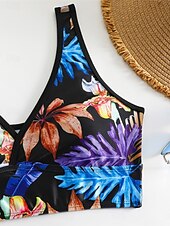 billiga Bikiniset-Dam Badkläder Bikini 2 st Pojkeben Baddräkt Öppen rygg Hög midja Smal Semester Standkläder Blommig Löv V-hals Ärmlös Baddräkter