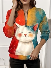 お買い得  動物のトップ-ウィメンズ クォータージッパー セーター キャット ストリート デイリーウエア プリント カジュアル クルーネック ロングスリーブ マイクロエラスティック フォール ウィンター コンフォート 通気性 ソフトファブリック