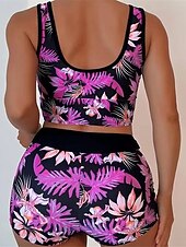 billiga Bikiniset-Dam Badkläder Bikini 2 st Pojkeben Baddräkt Öppen rygg Hög midja Smal Semester Standkläder Blommig Löv V-hals Ärmlös Baddräkter